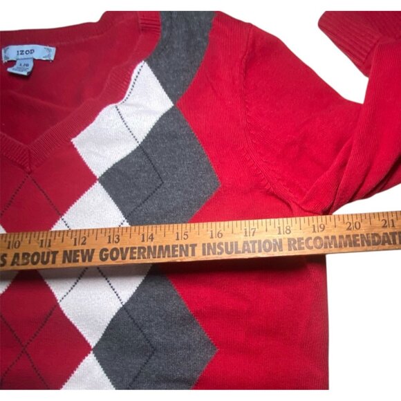 Izod Red Argyle Cotton V-Neck Sweater Preppy Academia Size L - Picture 4 of 7